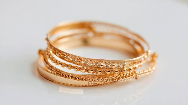 Gold bangles stacked close up