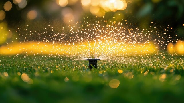 Lawn sprinkler mid-spray with fine mist and arcs of water over green grass, captured in golden hour light.