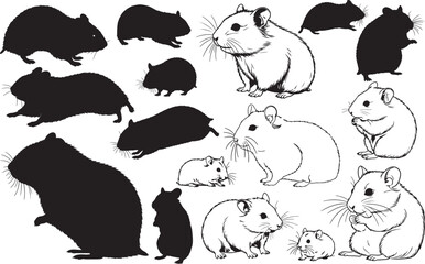 Hamster Silhouettes – Solid Black & Outline Vector Set