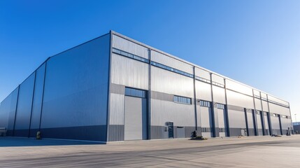Long aluminum building with pitched metal roof, used for industrial storage or logistics, under clear weather.