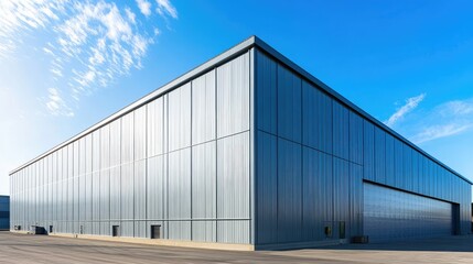 Obraz premium Long aluminum building with pitched metal roof, used for industrial storage or logistics, under clear weather.
