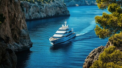 Fototapeta premium Luxury yacht sailing near a rocky coastline with deep blue ocean and gentle waves, emphasizing elegance and adventure.