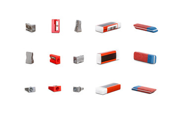 A collection of traditional office, business and back to school stationery, equipment for work and education isolated against a transparent background.