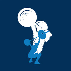 Weightlifting, group of men lifting big dumbbell, isolated vector silhouette