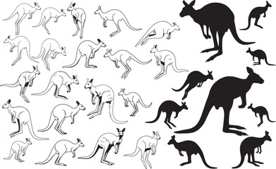 Kangaroo Silhouettes – Solid Black & Outline Vector Set