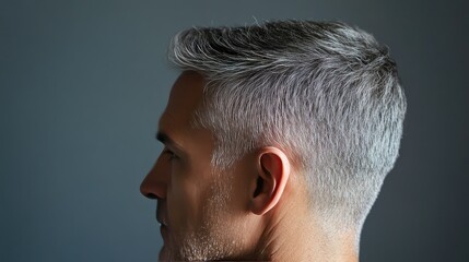 Obraz premium Mature man's head with neatly cut salt-and-pepper hair, captured in profile with sharp focus.