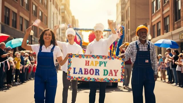 Diverse people celebrating labor day in lively street parade