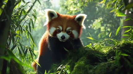 Red Panda Resting in Lush Green Bamboo Forest Habitat Setting
