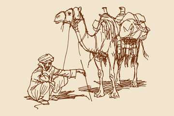 Camel caravan with desert nomad, loose ink sketch vector illustration

