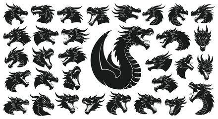 Collection of Dragon Head Illustrations Various Styles Depicting Dragons Mythical Creatures and Fantasy Art