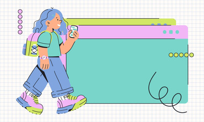 Trendy Girl Walking with Smartphone and Backpack Online

