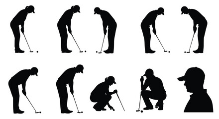 Silhouettes Of Golf Players Depicting Different Positions On The Field On White Background