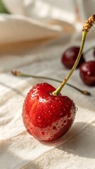 Juicy red cherry with stem on a warm and inviting background
