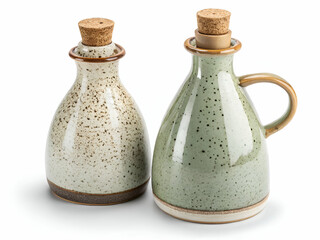 Ceramic oil bottles with cork tops on white