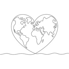 One Line Art World Map Inside Heart Shape Illustration