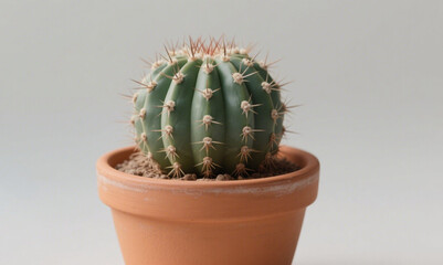 Close-up of a round cactus in a terracotta pot.