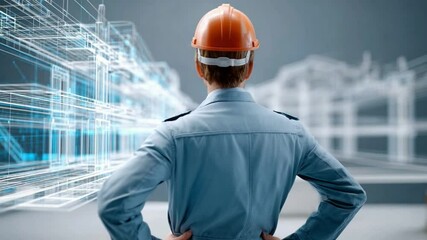 Engineering Vision: A determined engineer, clad in a hard hat and uniform, surveys the architectural blueprints, embodying dedication to project's intricate design.