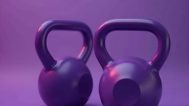 Kettlebells pair on purple background image copy space, . Weightlifting sports inventory in gym banner background blurred. Strong body and healthy life concept photography copyspace