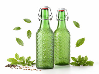 Recycled green glass bottles with swing tops on white background