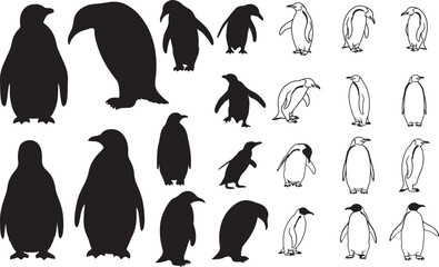 Penguin Silhouettes – Solid Black & Outline Vector Set