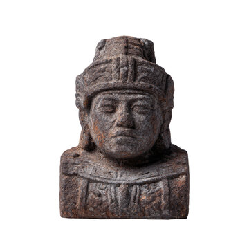 An ancient clay statue of Itzamna, showcasing worn textures and a beautiful patina, perfect for art and cultural themes.