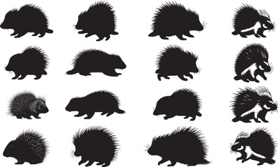 Porcupine Silhouettes – Solid Black & Outline Vector Set