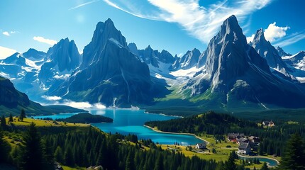 View of dramatic jagged peaks towering over a turquoise alpine lake
