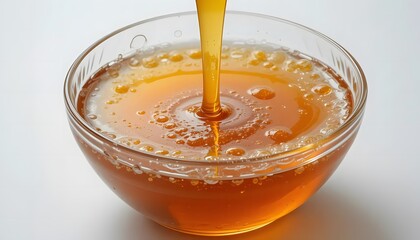 High detail close-up of honey in a glass bowl with air bubbles and reflections, white background