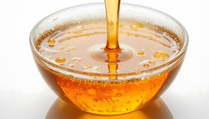 High detail close-up of honey in a glass bowl with air bubbles and reflections, white background