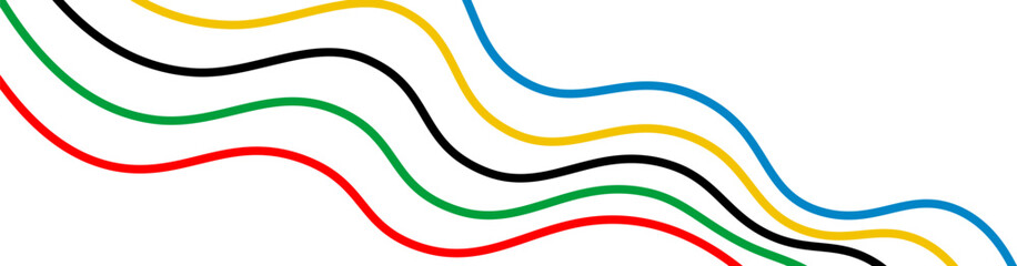 Dynamic diagonal wave lines in red, green, black, yellow, and blue, creating a modern and symbolic pattern with an international and energetic feel