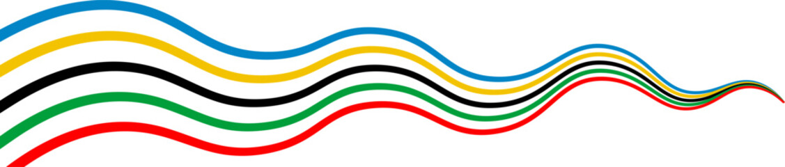 Flowing curved lines in red, green, black, yellow, and blue forming a dynamic wave pattern, symbolizing unity, movement, and international spirit