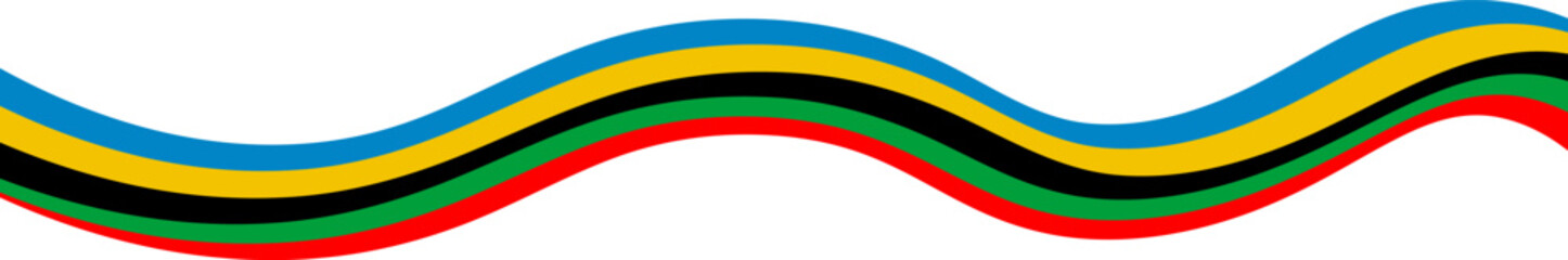 Bold wave-like layered stripes in blue, yellow, black, green, and red forming a smooth, dynamic pattern symbolizing energy, unity, and motion