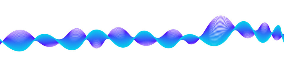Abstract wave shape with vibrant gradient lines in cyan and purple, resembling audio waveform or digital pulse on white background