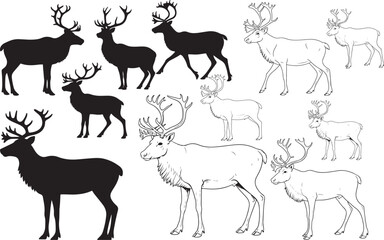Reindeer Silhouettes – Solid Black & Outline Vector Set