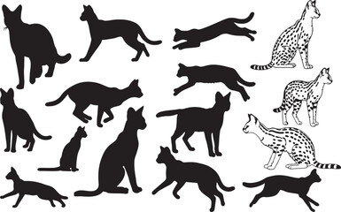 Serval Silhouettes – Solid Black & Outline Vector Set