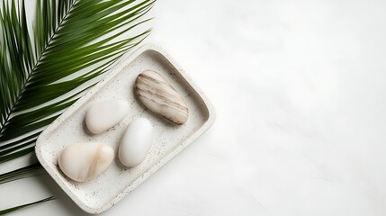 Palm Leaf, Spa Stones On Tray, Neutral Tones, Minimalist Decor, White Background