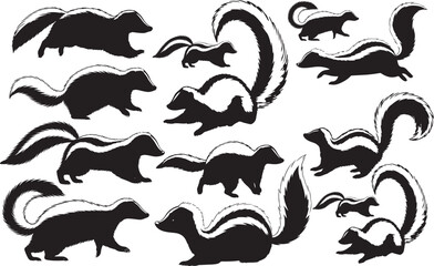 Naklejka premium Skunk Silhouettes – Solid Black & Outline Vector Set