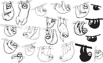 Sloth Silhouettes – Solid Black & Outline Vector Set
