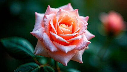 Beautiful pink yellow rose under midday sun in rose garden, close-up, selective focus. Floral natural background with rose flower closeup. Beautiful romantic gift. Greeting card