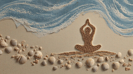  Yoga pose drawn in sand on a beach, seashells and wave patterns around, upper portion left clear for text.
