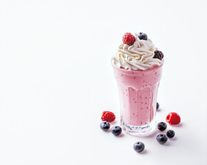 Milkshake with whipped cream in glass with raspberries and blueberries on white background. Minimalistic high key photo with copy space, soft studio light