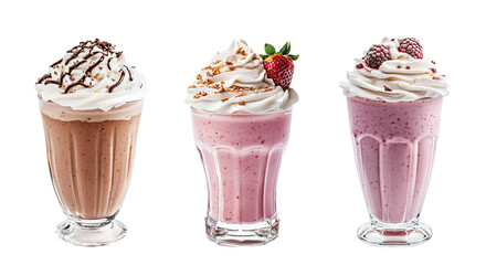 Chocolate, strawberry, raspberry milkshake with whipped cream. Set of glasses with berry cocktails decorated with topping. Isolated clipart with clear even edge on transparent background