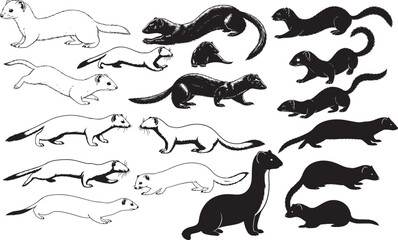Weasel Silhouettes – Solid Black & Outline Vector Set