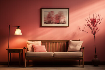 living room with wooden sofa and pink wall