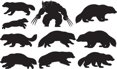 Wolverine Silhouettes – Solid Black & Outline Vector Set