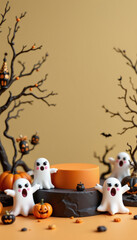 Fototapeta premium Halloween ghosts on platform with pumpkins and spooky trees create festive podium scene full of fun and eerie Halloween spirit