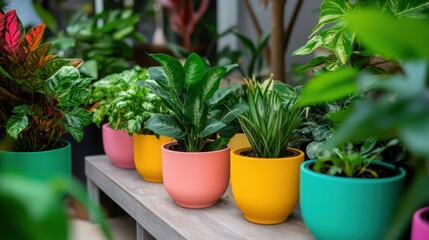 Obraz premium Jungle style home garden with plants in pots of different colors and sizes. 