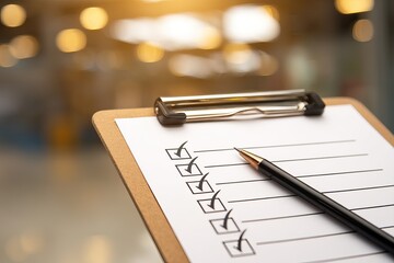 Clipboard with checklist left side focus with clean margin for text organizational school tool soft modern lighting