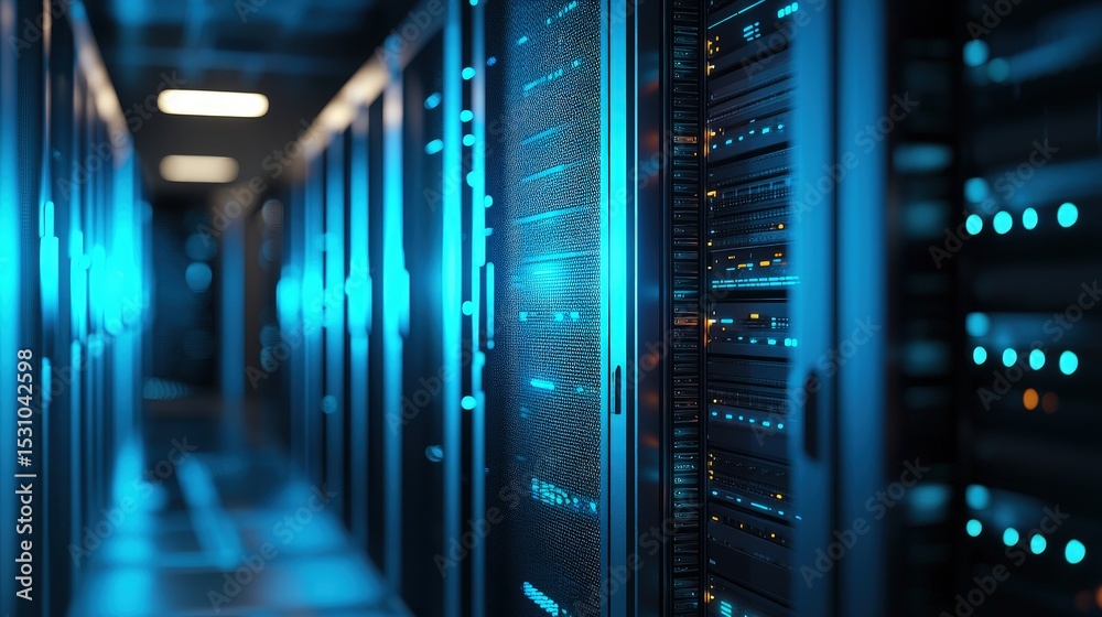 Poster Close-up of illuminated server racks in a futuristic data center with blue ambient lighting, showcasing high-speed cloud infrastructure and secure computing technology