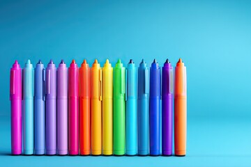 Highlighter pens grouped left-aligned on smooth backdrop with blank space stylized 3D realism calm classroom color scheme